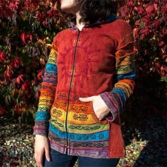 Greater Good Network Sweatshirt Womens XXL Sunshine Zip Hoodie Patchwork BOHO - Picture 2 of 16